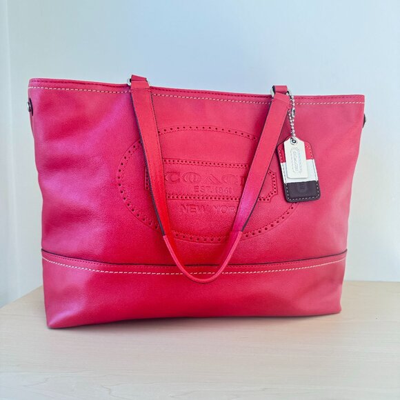 Coach Handbags - Coach Hampton Weekend Leather Tote Handbag | Genuine Leather | Red | Red Lining